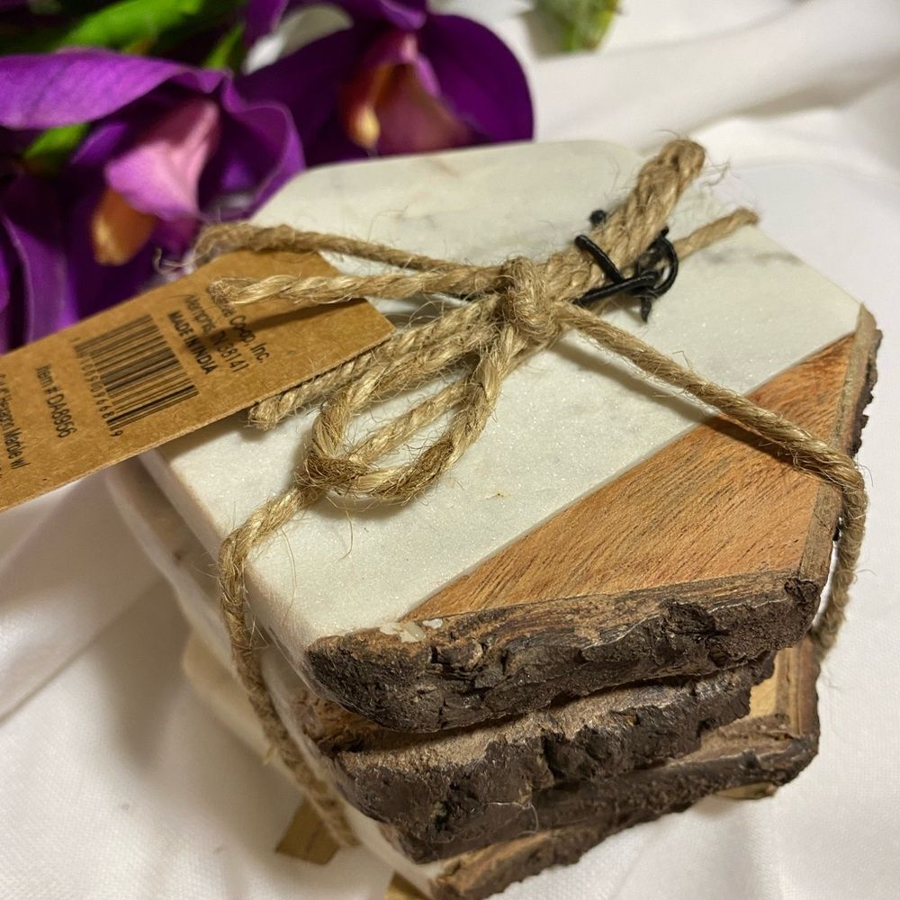 Coasters (4) Beautiful Marble & Brown NWT wrapped in Jute Creative Co Op 4x4